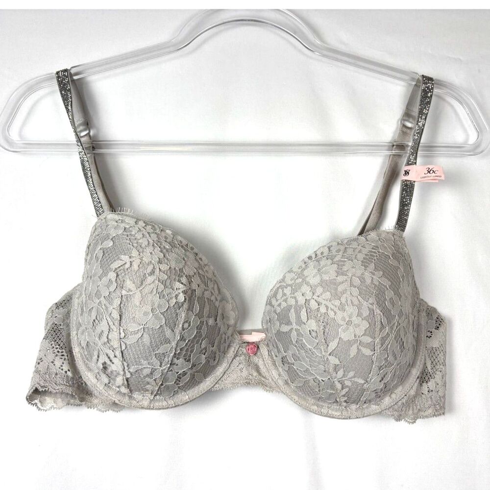 Victorias Secret Dream Angels Demi Bra 36C Gray Lace Rhinestone Shine Strap NWOT